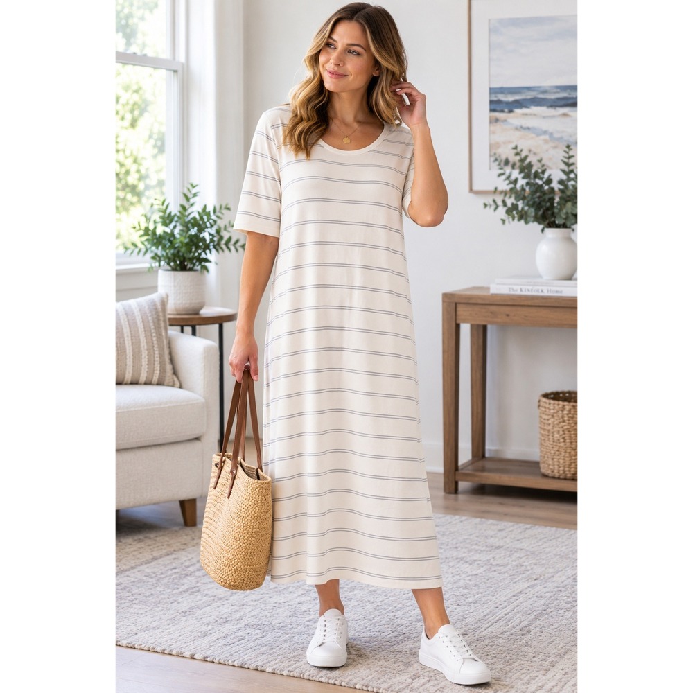 Loft Outlet Lounge Womens Cream Grey Striped Short Sleeve Midi Shift Dress L